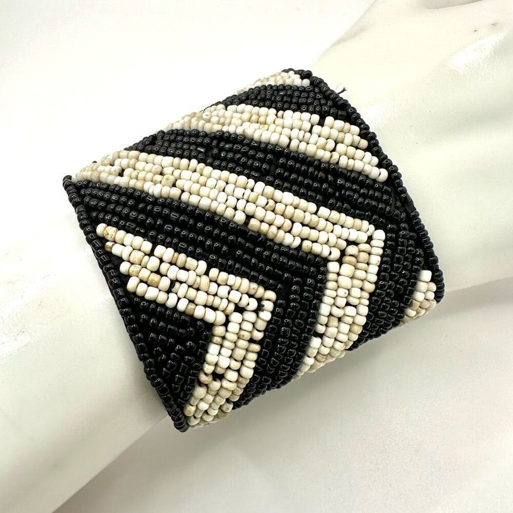 Black and cream beaded wide bracelet